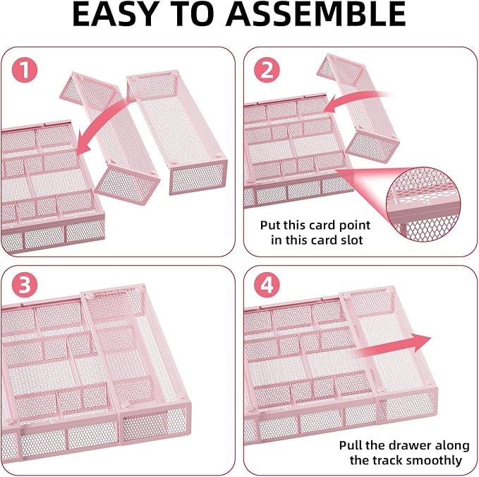 Marbrasse Expandable Desk Drawer Organizer, Mesh Tray with 10 Adjustable Compartments, Desk Organizers for Office Supplies, Makeup & Vanity (Expandable-Pink) - Image 7