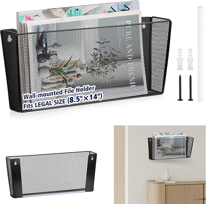 Single Pocket Wall File Holder Legal Size Metal Mesh Hanging File Folder Paper Organizer Black Wall Mounted Mail Organizer Magazine Rack for Office Home School 15.7" L x6.9 Wx3.4 H by Unknown