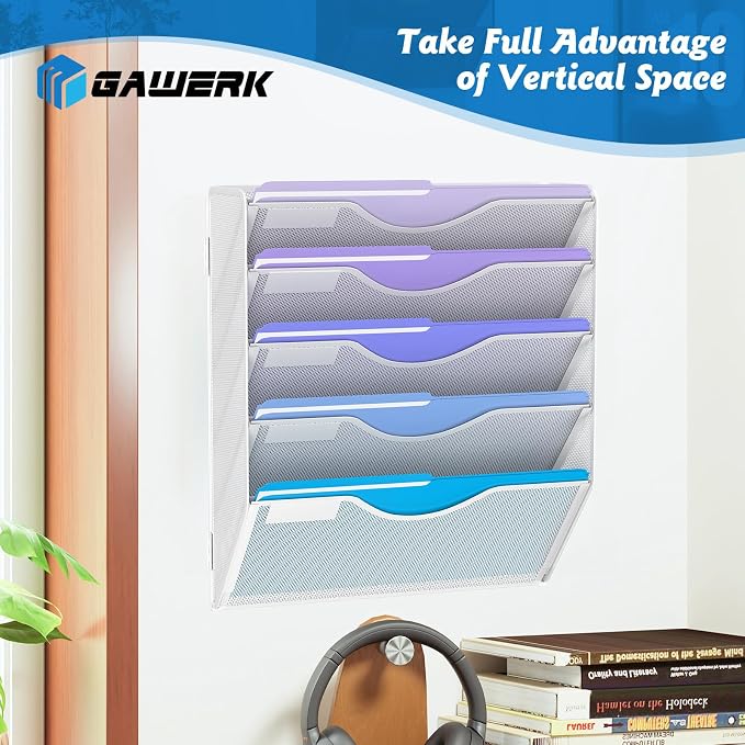 Gawerk 5 Tier Hanging Wall File Organizer, Mesh Mail Paper Orgnization Hanging File Folder Holder for Home Office, White - Image 4