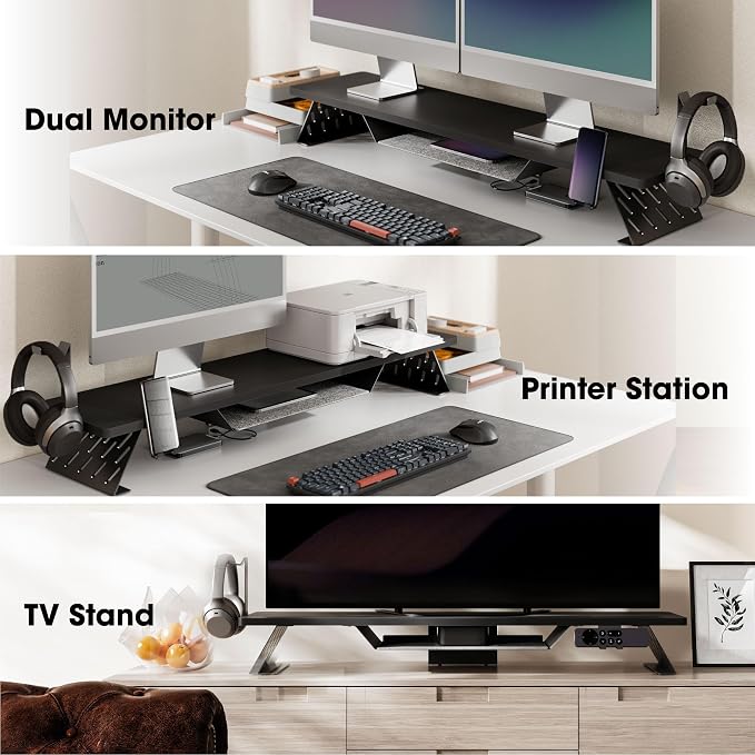 Fenge Dual Monitor Stand, Wooden Desk Shelf with Headphone & Phone Holder | 42.5" Monitor Riser with Storage Shelf, 2-Tier Monitor Shelf with Metal Leg for Home Office Organizer, Black - Image 8