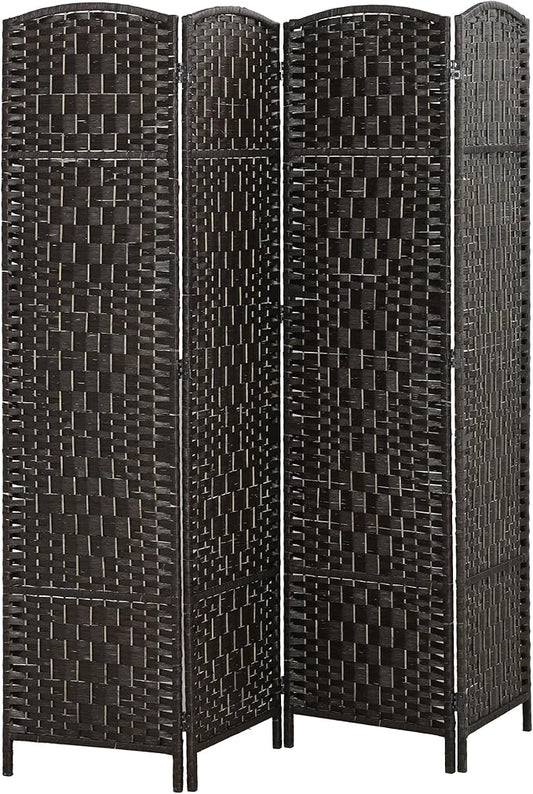 HOMCOM Room Divider 4 Panel, 6FT Tall Folding Privacy Screen, Freestanding Hand-Woven Partition for Room Separation with 360° Hinges, Paper Rope Diamond Weave, Coffee