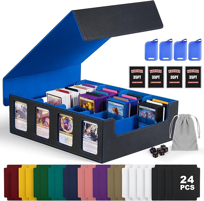 Trading Card Storage Box with Commander Display , 4-Row Deck Case with Removable Lid; 2400+ Card Deck Box for MTG TCG Sports Card, 4 Top Loaders, 4 Stoppers, 24 Dividers,1 Dice Bag (Black Blue) by Kabinka