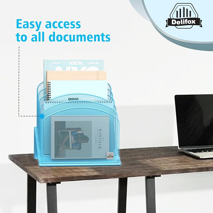 Delifox Inclined Desk File Organizer,Vertical File Folder Holder Stand Metal Rack File Sorter for Office Classroom Desktop Organization (2, Blue, 5) - Image 6