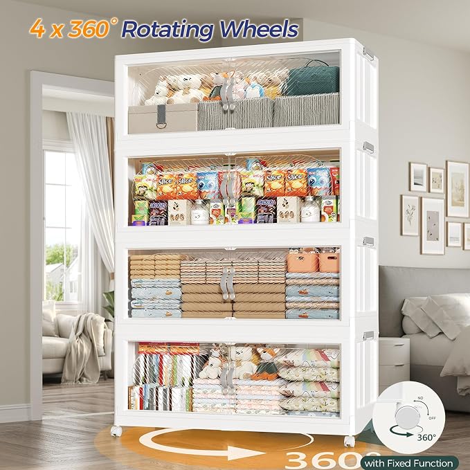 180QT Extra Large Stackable Storage Bins with Lid, 45Gal Plastic Closet Organizers and Storage Drawer, Collapsible Cabinet Box with Wheels Clear Doors for Home Kitchen Garage, 3Pack White - Image 3