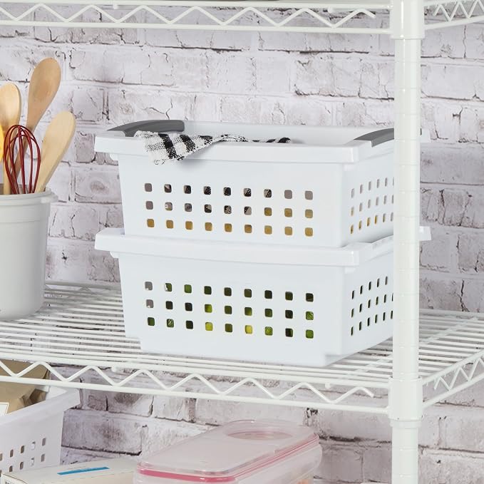 Sterilite 4 Pack Small Stacking Basket, Open Top Storage Bin with Handles, White - Ideal for Home Closets, Kitchens, or Office Organization - Image 7