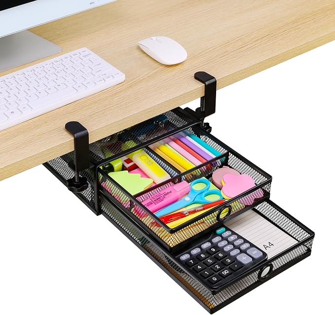 ROSYLINE Under Desk & Desktop Drawer Organizer, 2-Tier Big Capacity | Steel Construction, Clip-On No Drill Installation, Fits A4 Paper, for Office & Household Supplies by ROSYLINE