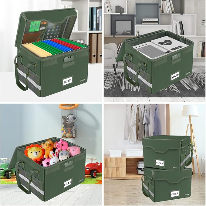 DocSafe Fireproof Document Box with Lock,File Storage Organizer with Pockets,Collapsible Portable File Box Home Office Safe Filing Cabinet with Handle for Hanging Letter/Legal Folders,Green,2 Pack - Image 2