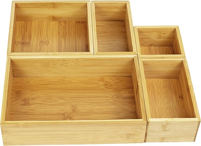 VaeFae 5 PCS Bamboo Drawer Organizers Set, 5-size Organizer Box, Storage Bins for Kitchen, Bathroom, Office, Bedroom and Living Room by VaeFaeDirect