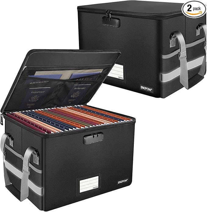 ENGPOW File Box with Lock, Fireproof Document Box with Pockets, Collapsible File Organizer Filing Storage Cabinet with Handle, Portable Home Office Safe for Hanging Letter/Legal Folders,Black,2 Pack by ENGPOW