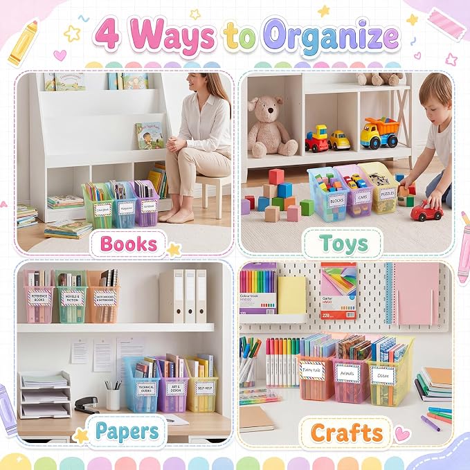 Blosssound 24 Set Book Bins for Classroom with Label Sticker Book Box Baskets Plastic Stackable Organizing Bins Storage & Organization for Classroom Library Home School Supplies (Translucent Pastel) - Image 4