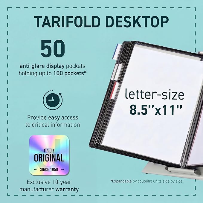 Tarifold Desktop Reference Display System, 50 Pockets, Expandable, Black | 50 Double-Sided PVC Pockets, Holds 100 Letter-Size Sheets, Sturdy Metal Base, Quick-Find Indexing, Quick and Easy to Assemble - Image 2