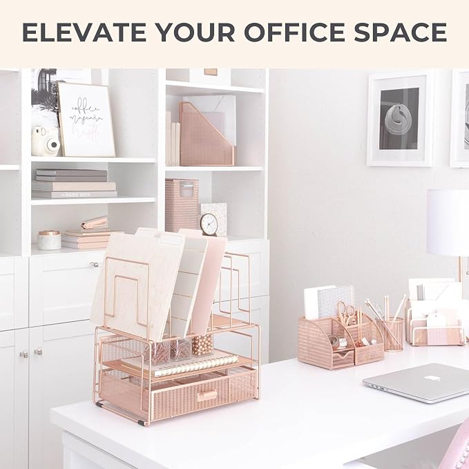 BLU MONACO | Rose Gold Desk Organizer with Drawer | Metal Desk Organizer with File Sorters and Storage Compartments | Office Desk Organizer for Paper Folders and Supplies - Image 2