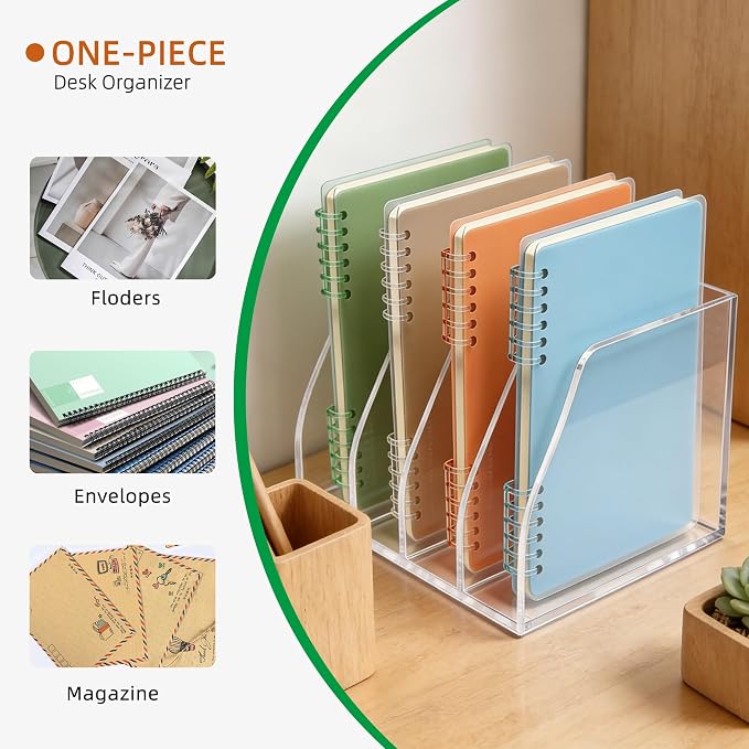 Clear Acrylic Magazine File Holder, 4 Compartment Desk Organizer | 4 spacious vertical compartments hold magazines, files, books & more. 5mm thick clear acrylic, non-slip base. No assembly. - Image 4