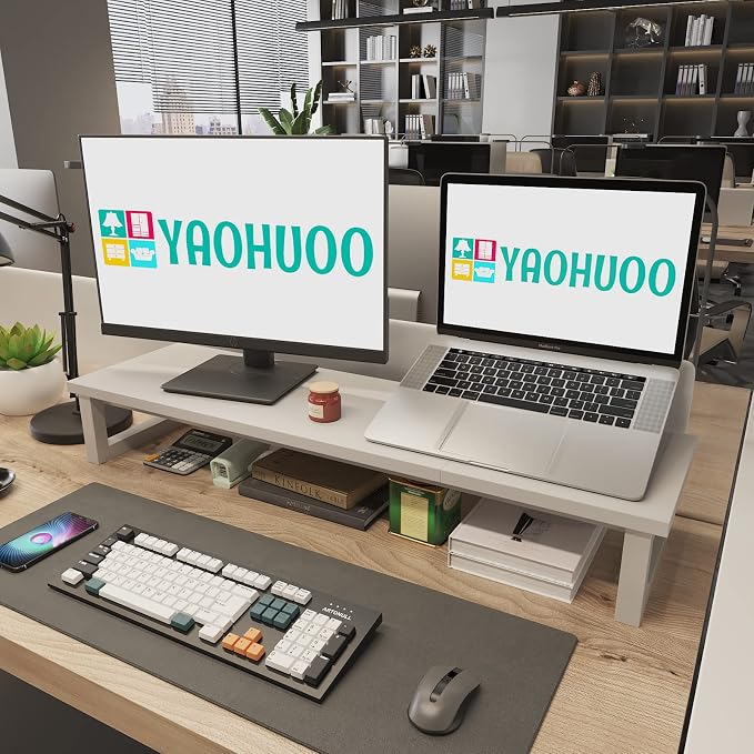 YAOHUOO Dual Monitor Stand Riser, 39Inch Large Monitor Stands for 2 Monitors, Computer Monitor Stand, Wooden Desktop Oraganizer Shelf for Office Desk Computer,Laptop,TV - Image 6