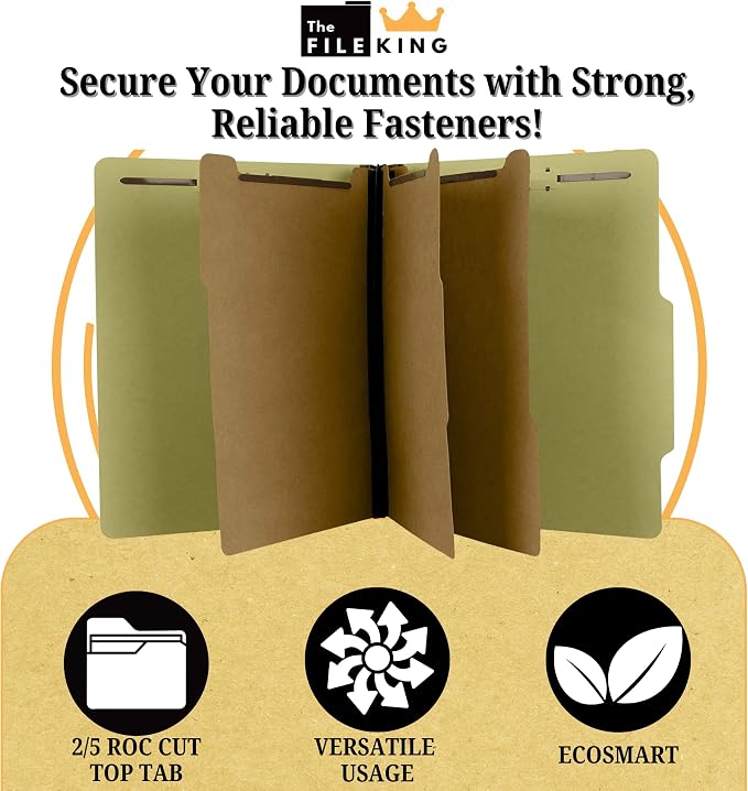 The File King Three Divider Pressboard Classification Pale Green File Folder - Letter Size | Box of 10 | 2/5 ROC Top Tab | 3” Expansion | Eight 2-Inch Fastener Prongs | Made in USA - Image 3