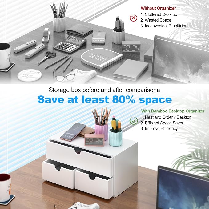 Bamboo Desk Organizer with Drawers Desktop Storage Drawers for Bills Office Supplies Kitchen Utensils Organizing Tool for Home Classroom Organization No Assembly (White) - Image 5