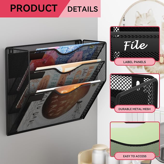 3-Tier Magnetic File Holder, No Drilling Wall File Organizer, File Folder Bins, Mail & Magazine Rack, Magnetic Paper Document Holder for Refrigerator File Cabinets Whiteboard, Black - Image 4