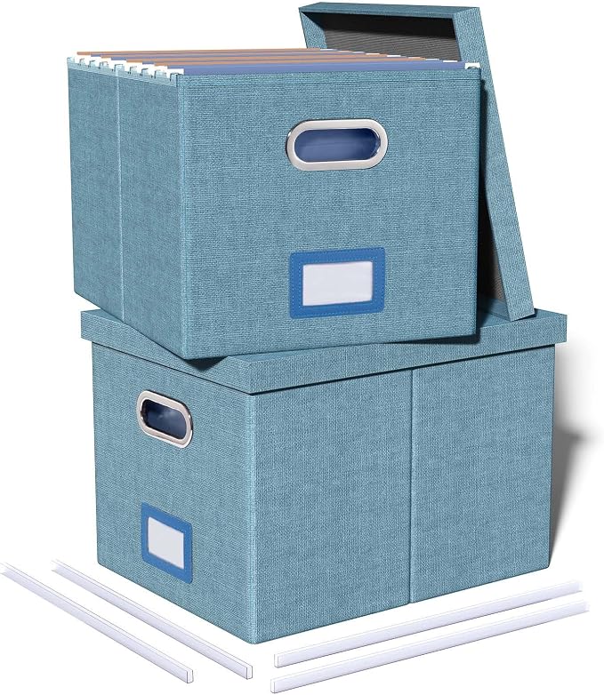 2 Pack File Storage Organizer, Filing Box, Portable File Box with Lid, Fit for Letter/Legal File Folder Storage, Document Organizer, Dark-blue by Oterri