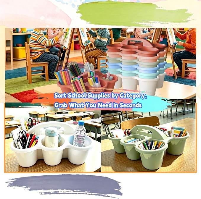 6 Pack Classroom Caddy Organizer with Handle Morandi Plastic Table Caddy 6 Compartments Storage Cup Holder for School Supplies Art Crafts Crayons Pencils Stackable Desk Daddy for Office - Image 6