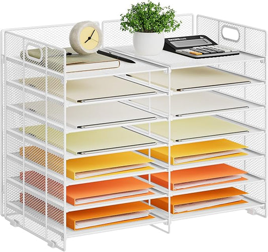 Marbrasse Desktop Literature Organizer, 12 Compartments Mesh Paper Organizer Desk Organizers, Adjustable File Sorter Mail Center Paper Storage Cabinet Classroom Mailbox for Office Home School, White by Marbrasse