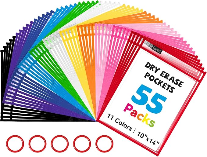 GAMENOTE 55 Pack Dry Erase Pockets, 10x14 Reusable Sleeves, 11 Colors | 55 reusable PVC pockets hold 8.5 x 11 and 9 x 12 sheets; double sided wipe clean surfaces, pen loops, eyelets, and 5 rings by Gamenote