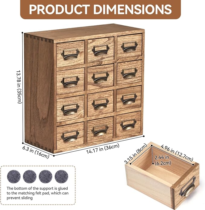 KIRIGEN Wooden Storage Cabinet, 12-Drawer Desktop Organizer, Brown 12CG-DBR | 12 Mini Drawers with Metal Label Holder Pulls for Cards, Crafts, Tea Bags, Jewelry, Office Supplies, and Small Parts - Image 3