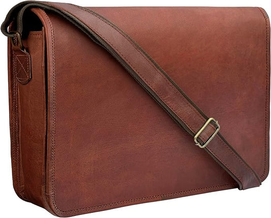 RUSTIC TOWN 14" Leather Messenger Bag for Men & Women – Full Grain Vintage Crossbody Satchel – Fits 13.3"/14" Laptop – Ideal Briefcase for Work, Travel & College – Adjustable Shoulder Strap