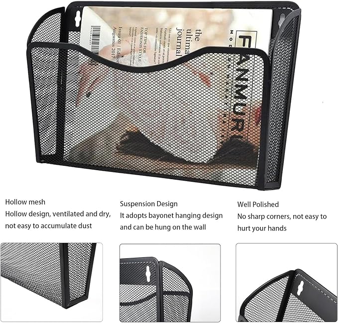 Gawerk Mesh Hanging Wall File Holders, Metal Vertical Wall Basket Mail Organizer for Office/Home (Black, 2 Pack Wall Mounted) - Image 3