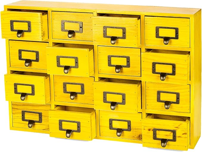 Yellow 16-Slot Wooden Drawer Unit - Country Style Desk Organizer - 20"x3.6”x14” Wooden Storage Box w/ 16 Drawers - Countertop Drawers w/Label Holder & Handle - Slim 4-Level Desk Organizer by PrimoSupply