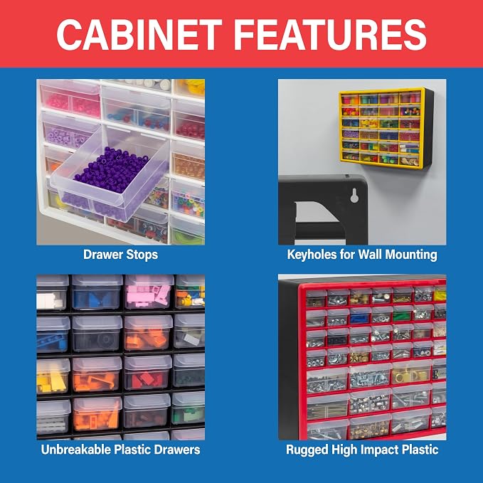 Akro-Mils 44-Drawer Plastic Storage Cabinet, 20"W x 6"D x 16"H, Yellow | Plastic Cabinet w/ Drawers for Garage Organization, Beads, Building Bricks Storage, Teacher Toolbox, Makeup Organizer, 10144 - Image 5