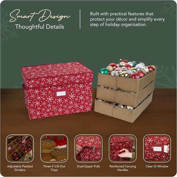 Covermates Keepsakes Adjustable Ornament Storage Box – Heavy-Duty Polyester, Padded Dividers & FlexGrid Trays – Protective Holiday Organizer with Stackable Walls & Label Window, Red Snowflake - Image 4