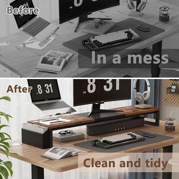 LAND·VOI Dual Monitor Stand Riser,41.5'' Long Monitor Stand for 2 Monitors, Wood Computer Riser with Pocket, Desktop Oraganizer with Pen Holder, Monitor Riser for Desk Computer,Laptop,TV, Rustic Brown - Image 7