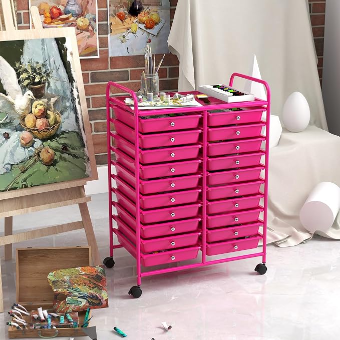 GOFLAME 20-Drawer Rolling Storage Cart, Multifunctional Art Craft Organizer Cart, Mobile Utility Storage Cart with Removable Drawers & Lockable Wheels, Craft Cart for Home Office, Hot Pink - Image 8