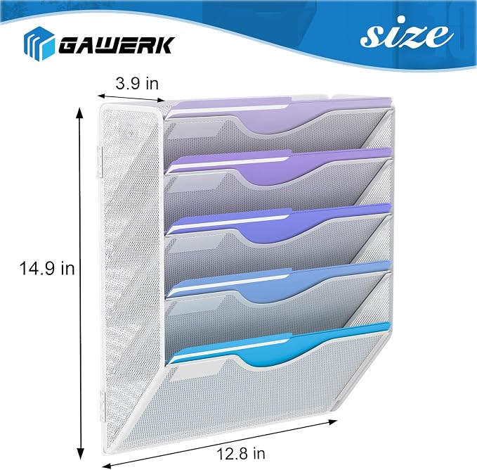 Gawerk 5 Tier Hanging Wall File Organizer, Mesh Mail Paper Orgnization Hanging File Folder Holder for Home Office, White - Image 2