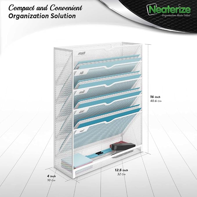 NEATERIZE Item Container, Mail Organizer for Wall, Mesh Hanging File Organizer, For Papers, Folders, Files Clipboard & Magazine Organization - Home, Office Classroom Or Doctor, Metal, White - Image 6