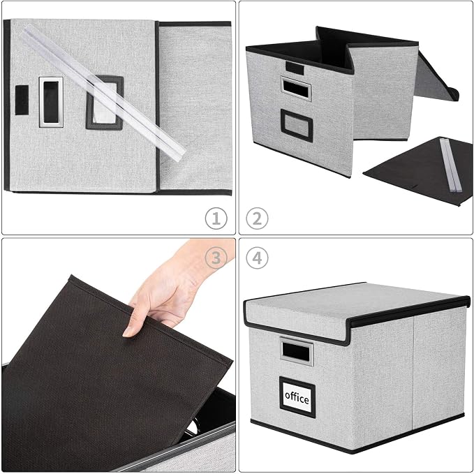 File Organizer Box with Lids, Collapsible File Folder Organizer | File Box with Plastic Slides for Office Document Storage, Filing Bin for Letter Size Hanging File Folders (1 Pack, Gray) - Image 7