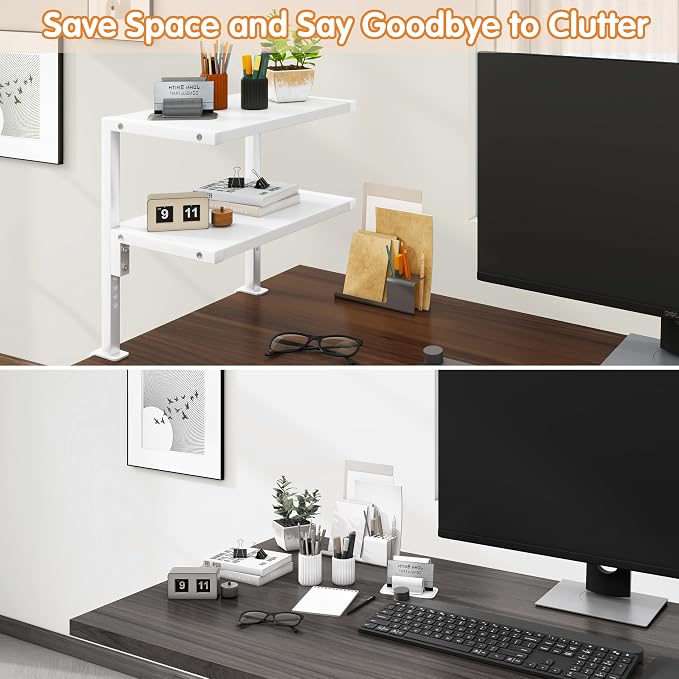 IBUYKE Clamp on Desk Organizer Shelf,Desk Extender Shelves TMZ007W | 12.9 inches,2-Tier Adjustable Storage Shelves, Above or Below Desk, for Desktop Accessories,White - Image 6