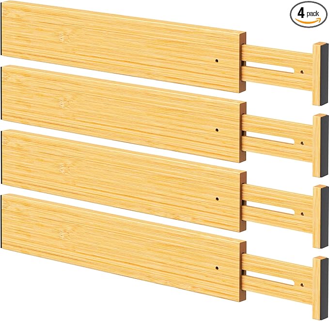 Bamboo Drawer Dividers Organizers, 2.56" High, 17"-21.8" Adjustable, 4 Pack | Expandable Separators, Great for Utensils, Kitchen, Bedroom, Dresser and Office Storage by BAMBUROBA