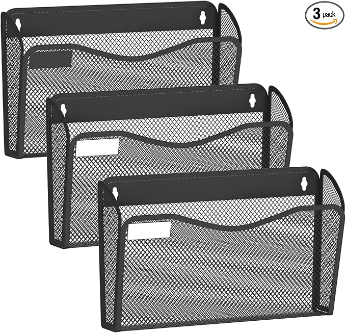 BOHDK Wall File Organizer, 3 Single Pockets Mesh Hanging File Organizer, Mount Document Magazine Rack with Labels, Hanging File Folders for Office, Home and School, Black by BOHDK