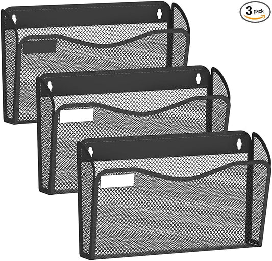 BOHDK Wall File Organizer, 3 Single Pockets Mesh Hanging File Organizer, Mount Document Magazine Rack with Labels, Hanging File Folders for Office, Home and School, Black by BOHDK