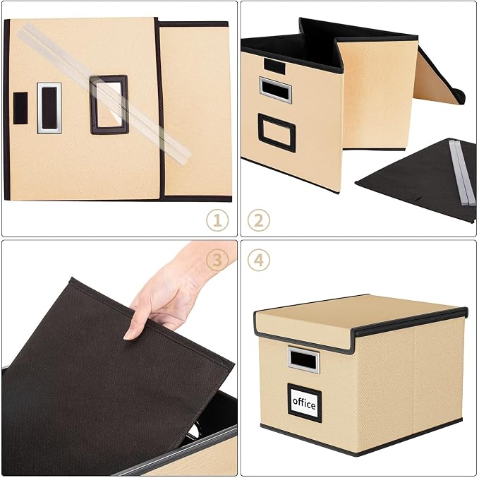 File Organizer Box with Lids, Collapsible File Folder Organizer | File Box with Plastic Slides for Office Document Storage, Filing Bin for Letter Size Hanging File Folders (2 Pack, Brown) - Image 7