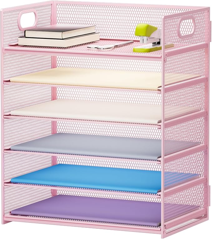Marbrasse 6 Tier Paper Organizer Letter Tray - Mesh Desk File Organizer with Handle, Paper Sorter for Letter/A4 Office File Folder Holder -Pink by Marbrasse