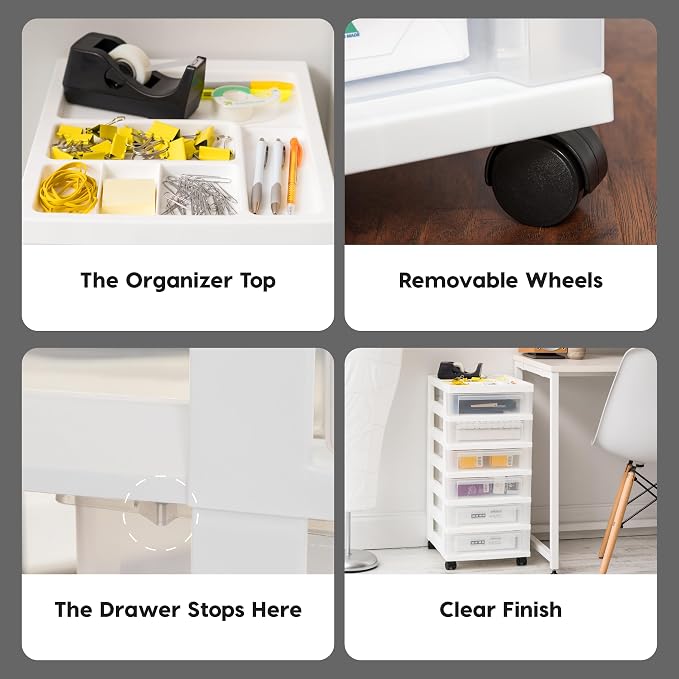 IRIS USA 6-Drawer Rolling Storage Cart, White/Clear | Keep craft supplies, office essentials, classroom items, and accessories organized with easy-access drawers for daily use - Image 8