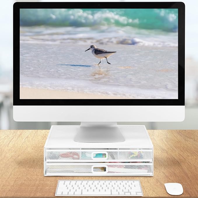 Mount-It! Mesh Computer Monitor Stand Riser [Metal] Desk Organizer with Two Pullout Storage Drawers for Desktop, Laptop, and Printer Accessories and Office Supplies (White) - Image 9