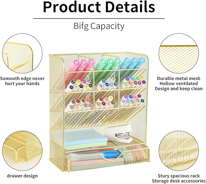 Spacrea Mesh Pen Organizer - Pencil Holder for Desk, Desk Organizer with Drawer for School, Home, Art Supplies (Gold) - Image 4