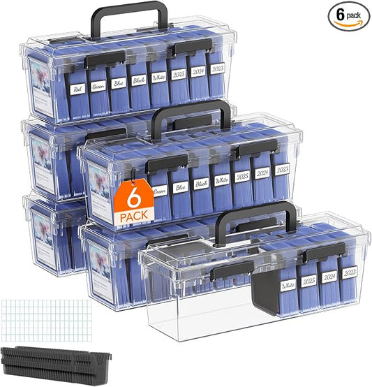 Lifewit Trading Card Storage Box with Handle, Fit for Toploader, 6 Pcs | Stackable Reinforced Latch Case with 8 Adjustable Dividers, Writable Labels, Organizer for MTG TCG Sports Baseball Bulk Cards by Lifewit