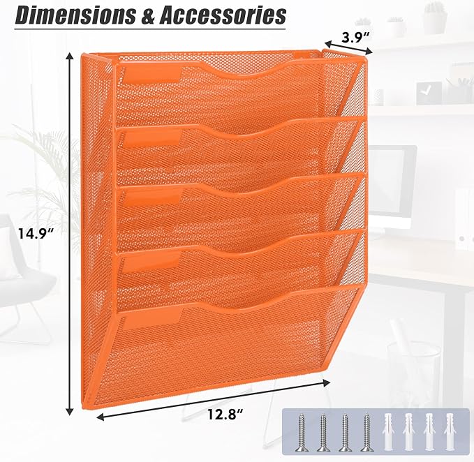 5 Pocket Mesh Hanging Wall File Organizer, Wall Mounted Mail Paper Document Folder Holder, Clipboard Storage Organization Magazine Rack with Nametag Label for Office Home School, Orange - Image 2