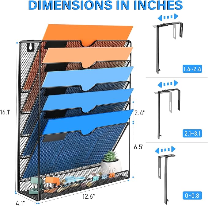 Wall File Organizer, 6 Pockets Mesh Hanging File Organizer | Wall Mount File Paper Folder Holder With Hooks, Wall Organizer Magazine Document Mail for Office School, Black - Image 2