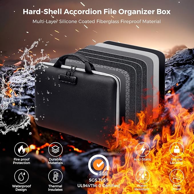 Fireproof Document Box,Hard Case Fireproof File Organizer with Lock 13 Pocket Accordion File Folder Reflective Zipper Portable Safe Box for Home Office Travel to Storage Important Documents Laptop - Image 2