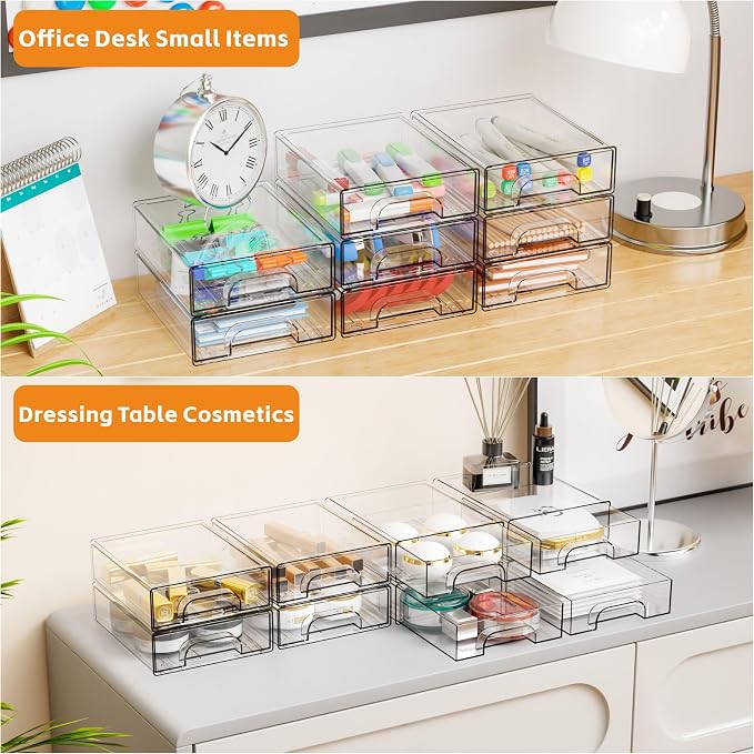 2.2'' High Small Clear Stackable Storage Drawers,4 Pack Desk Organization and Storage Bins,Plastic Office Supply Organizer,Acrylic Drawer Storage Organizer for Makeup,Accessory,Pen,Art Crafts - Image 4